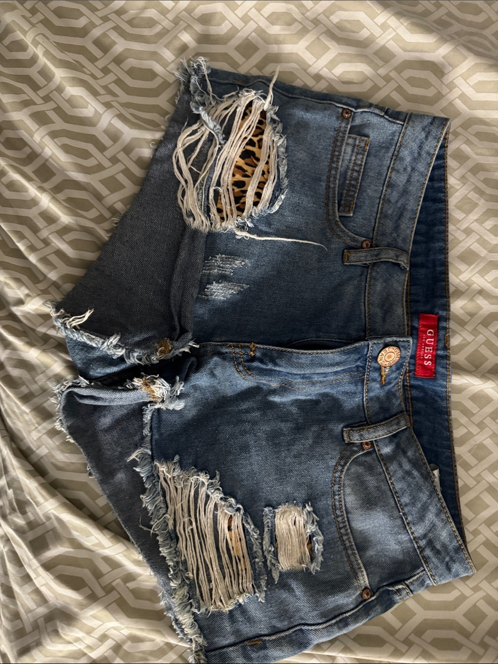 GUESS Blue Distressed Denim Shorts with Leopard Patch
